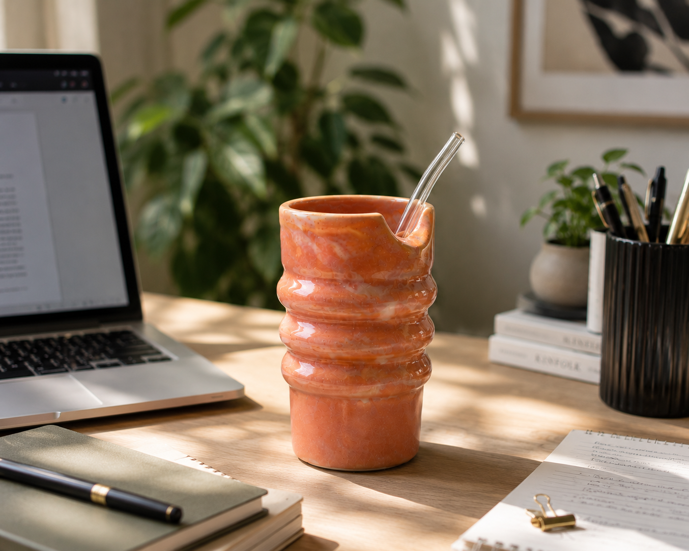 Handmade Ceramic Travel Cup with Glass Straw