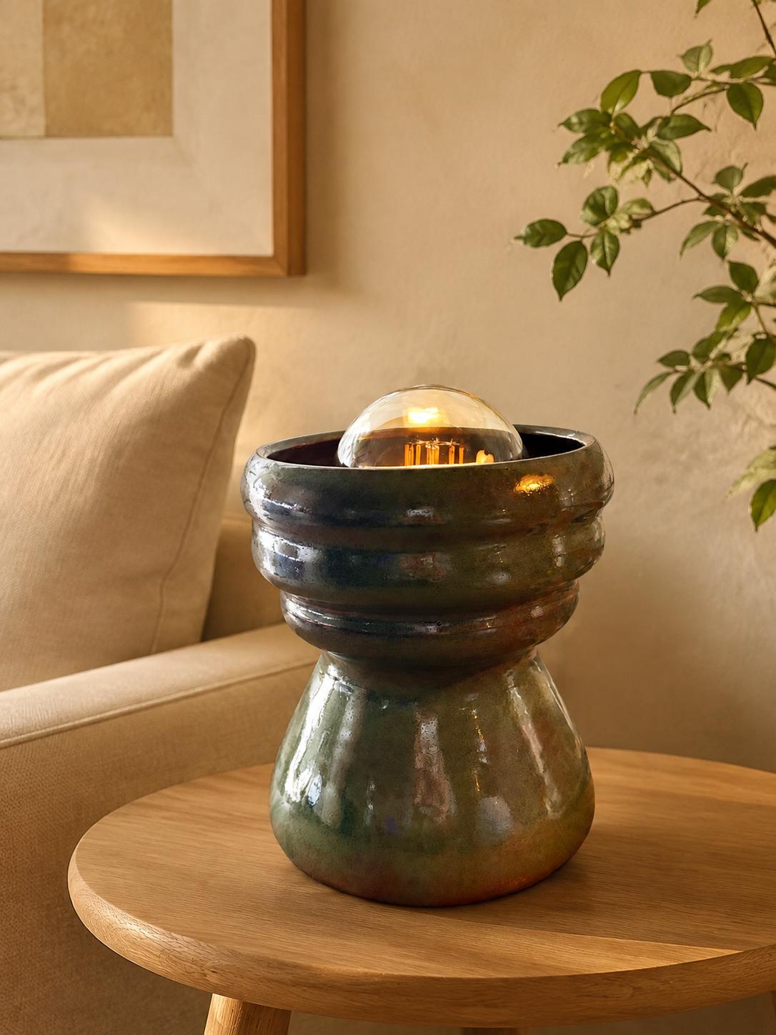 Handmade Ribbed Ceramic Table Lamp – Moss
